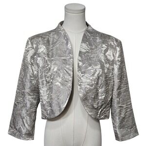 Le Bos Jacket Womens 14 Silver Metallic Cropped Bolero Open Front Formal Party